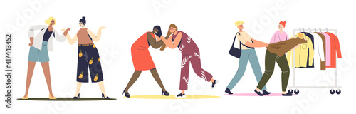 Set of fighting and quarrelling women. Female characters screaming and pulling hair