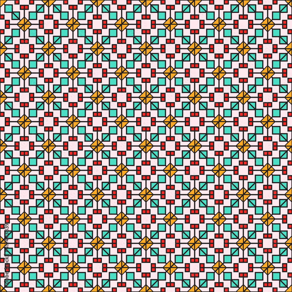 Seamless abstract pattern of curly geometric elements. An ornament of many small multi-colored squares and rhombuses, bright cells with a black outline on a pale pink background. Seamless abstract pattern of curly geometric elements. An ornament of many small multi-colored squares and rhombuses, bright cells with a black outline on a pale pink background.
