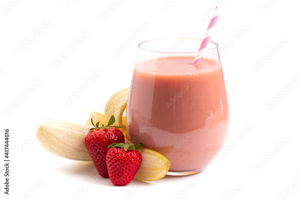 A Strawberry Banana Smoothie Isolated on a White Background A Strawberry Banana Smoothie Isolated on a White Background