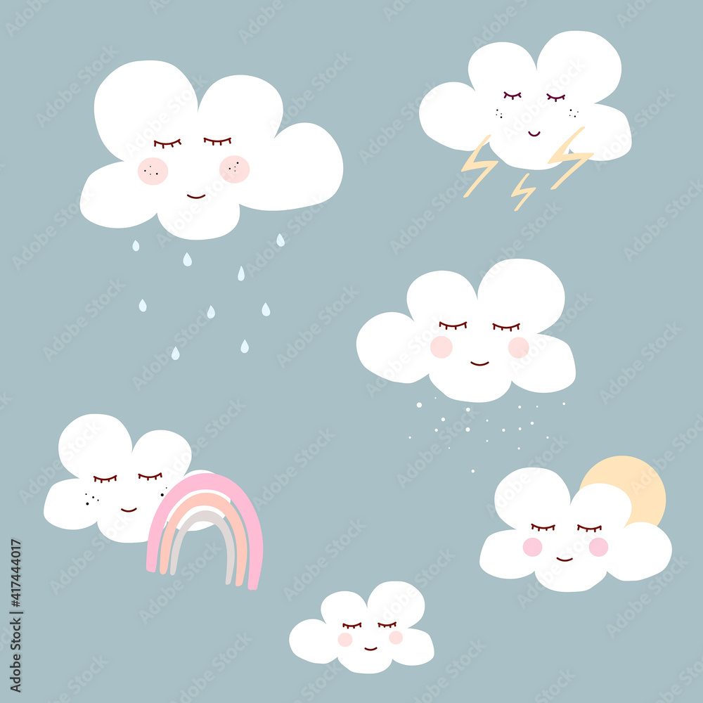 Illustration of cute little cartoon clouds with funny faces and different weather signs over blue in pasterl colors. 