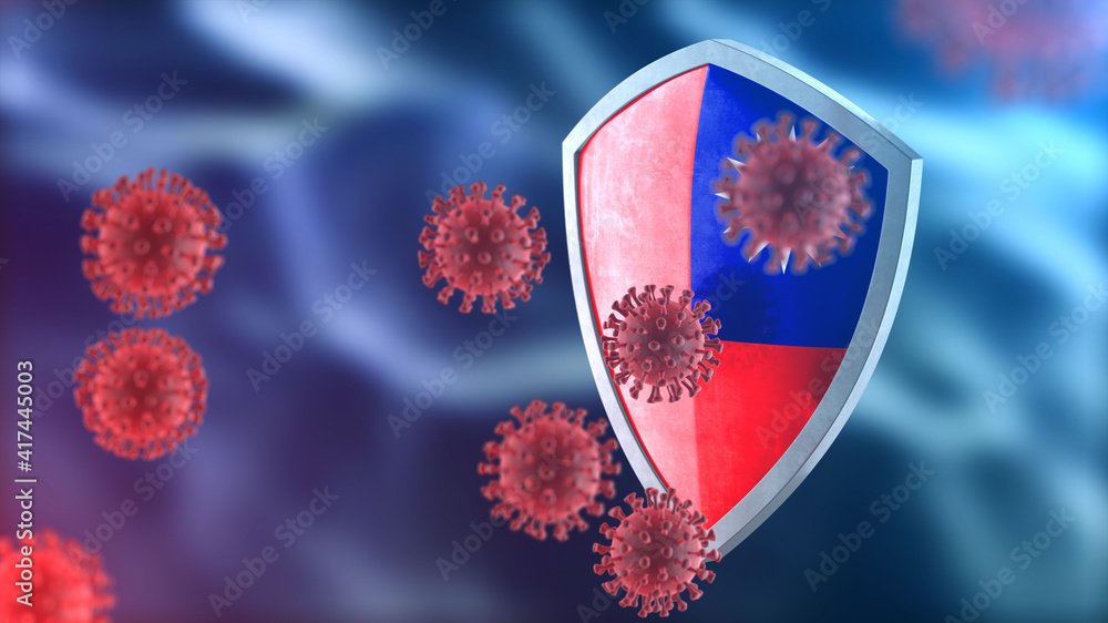 Fototapeta premium Taiwan protects from corona virus steel shield concept. Coronavirus Sars-Cov-2 safety barrier, defend against cells, source of covid-19 disease.