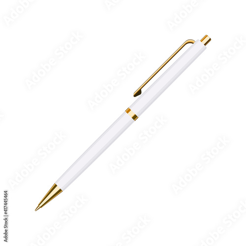 Automatic spring ballpoint pen in white and gold case. Vector illustration