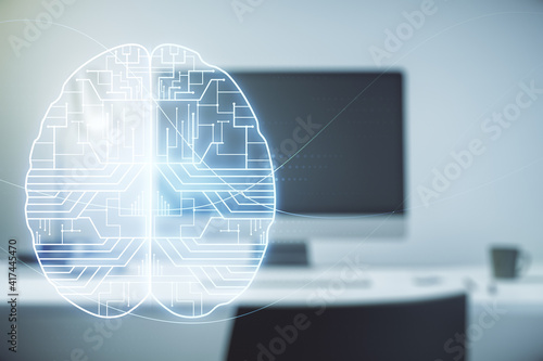 Double exposure of creative human brain microcircuit with computer on background. Future technology and AI concept