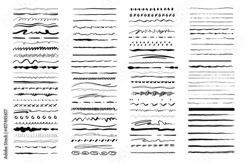 Set of artistic pen brushes. Vintage doodle underlines. Hand drawn grunge strokes. Scribble marker borders, sketch underlines. Vector illustration