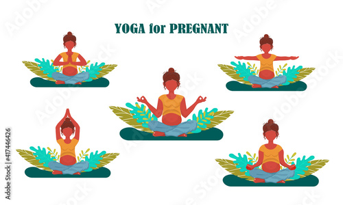 A set of pregnant young women in a Yoga pose with green leaves on the background. A banner, poster for Medical, Pregnancy projects. A flat illustration. 