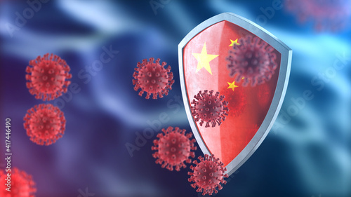 China protects from corona virus steel shield concept. Coronavirus Sars-Cov-2 safety barrier, defend against cells, source of covid-19 disease.