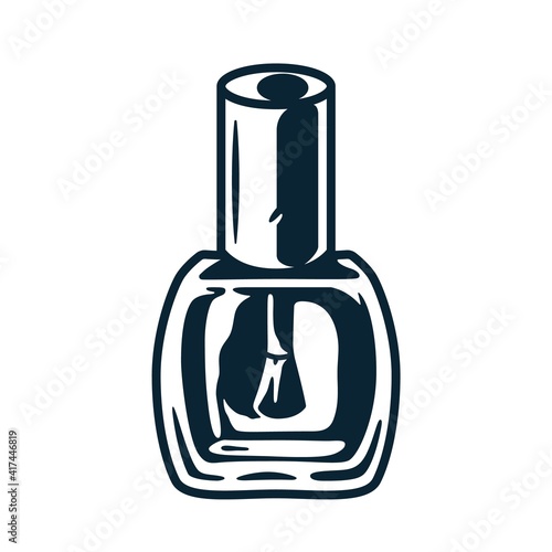 Manicure polish or varnish in bottle with brush for nail bar and beauty salon. Element for emblem fingernail studio or logo of manicurist service