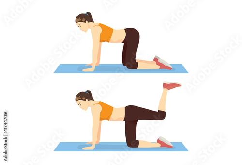Woman doing Donkey Kick Exercise on the floor in 2 steps. Illustration about the workout to target at leg and thigh.