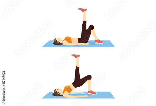 Woman doing single leg Hip Thrust Exercise on yoga mat in 2 steps. Illustration about workout to target at abdominal, hip, and back muscles.