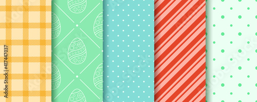 Easter seamless Patterns set in pastel colors. Eggs, Gingham, Polka Dot and Striped pattern collection. Endless texture for web, picnic tablecloth, wrapping paper. Pattern templates in Swatches panel.