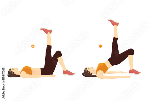 Woman doing single leg Hip Thrust Exercise in 2 steps for six-pack and strong back. Illustration about workout to target at abdominal, hip, and back muscles.