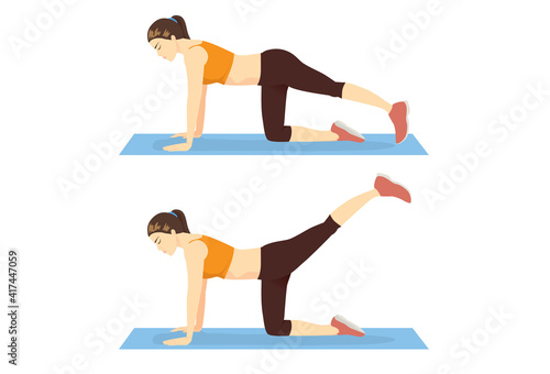 Woman doing exercise with Straight Leg Donkey Kick posture on yoga mat in 2 steps. Illustration about workout to target at leg, spine, and abdominal muscles.