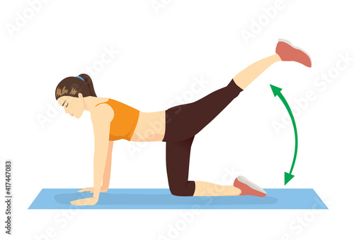 Woman doing exercise with Straight Leg Donkey Kick posture on yoga mat. Illustration about workout to target at leg, spine, and abdominal muscles.