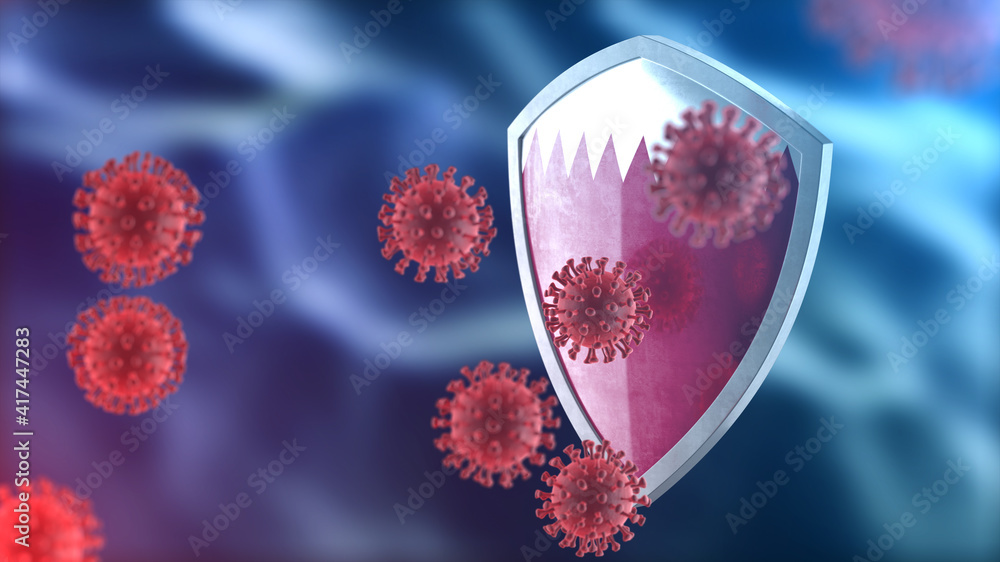 Fototapeta premium Qatar protects from corona virus steel shield concept. Coronavirus Sars-Cov-2 safety barrier, defend against cells, source of covid-19 disease.