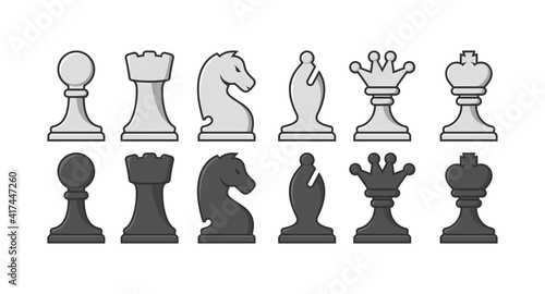 Black and white chess pieces icon set. Flat vector illustration.