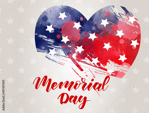 USA Memorial day background. Remember and honor. Handwritten lettering text on brown background with stars pattern. Conceptual USA flag in grunge heart shape.