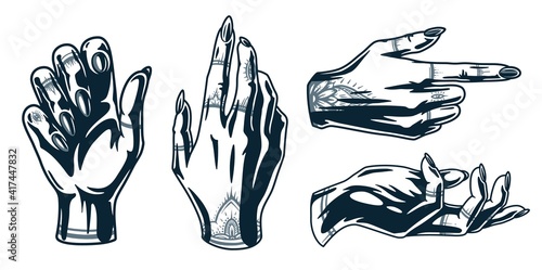 Set of woman wrists . Female gestures hands with fingers and tattoos for nail bar. Element for beauty studio. Fashion, trendy style of fingernails