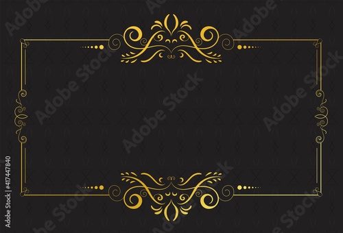 Decorative frame rectangular background with Ornamental golden design, Royal black golden copy space, Vector 