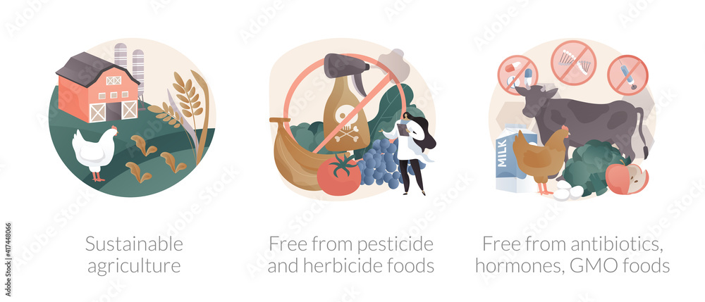 Sustainable organic agriculture abstract concept vector illustration set. Free from pesticide and herbicide, antibiotics hormones GMO food, farming process, ecology oriented growing abstract metaphor. Sustainable organic agriculture abstract concept vector illustration set. Free from pesticide and herbicide, antibiotics hormones GMO food, farming process, ecology oriented growing abstract metaphor.