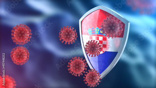 Croatia protects from corona virus steel shield concept. Coronavirus Sars-Cov-2 safety barrier, defend against cells, source of covid-19 disease.