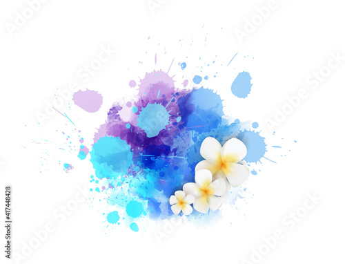 Abstract summer background with frangipani  plumeria  flowers on purple and blue colored watercolor splash