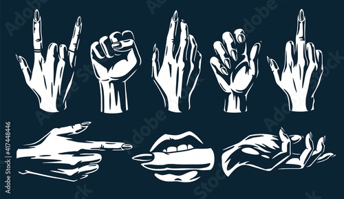 Set of woman wrists . Female gestures hands with fingers for nail bar. Element for beauty studio. Fashion, trendy style of fingernails