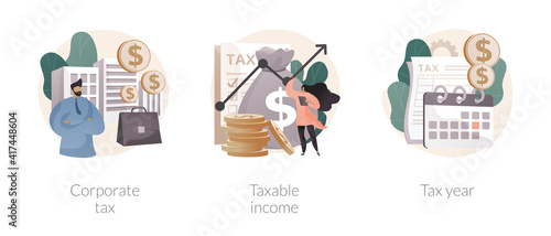 Taxable earnings calculation abstract concept vector illustration set. Corporate tax, taxable income, fiscal year, annual return, document preparation, divided deduction, accountant abstract metaphor.