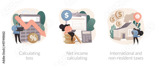 Accountancy service abstract concept vector illustration set. Calculating loss, net income calculating, international and non-resident taxes, profit estimation, net income formula abstract metaphor.