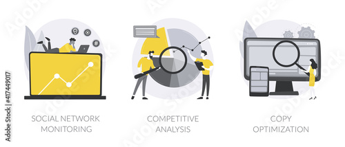 Social media analysis abstract concept vector illustration set. Social network monitoring, competitive analysis, copy optimization, brand reputation, engagement, boost traffic abstract metaphor.