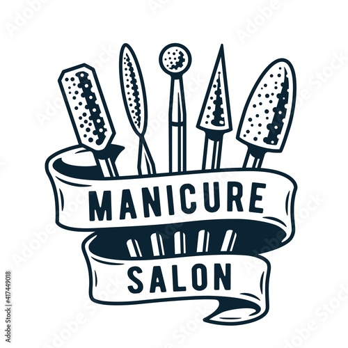 Emblem with set of manicure nailfiles or tools for nail bar and beauty salon. An emery board or Instrument fingernail studio or manicurist service