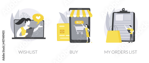 Online retailer abstract concept vector illustration set. Online shopping wishlist, buy product in stock, retail store, my orders list, shopping cart, user account, ecommerce abstract metaphor.
