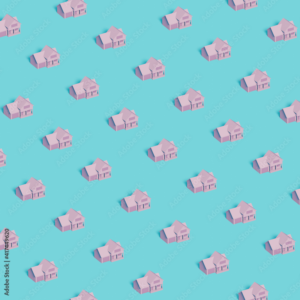Little house on blue background pattern. 3D illustration