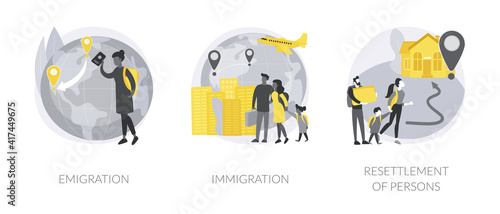 Foreign residence abstract concept vector illustration set. Emigration and immigration, resettlement of persons, refugee camp, residence permit, working visa, boarding control abstract metaphor.