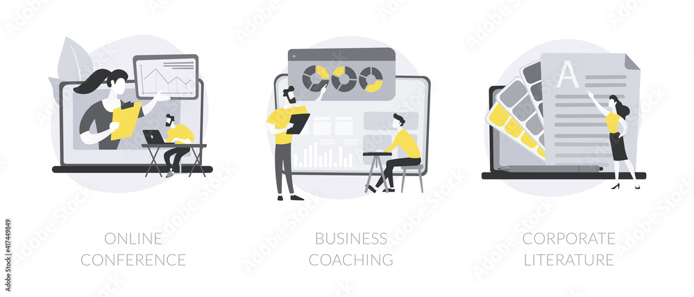 Business training abstract concept vector illustration set. Online conference, business coaching and mentoring, corporate literature, digital meetup, brand newsletter, success abstract metaphor. Business training abstract concept vector illustration set. Online conference, business coaching and mentoring, corporate literature, digital meetup, brand newsletter, success abstract metaphor.