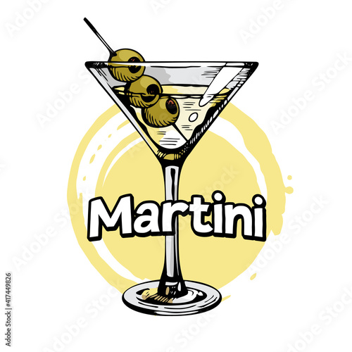 Martini glass with olives. Hand drawn alcohol cocktail, vector illustration