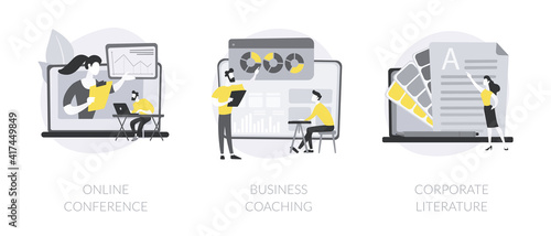 Business training abstract concept vector illustration set. Online conference, business coaching and mentoring, corporate literature, digital meetup, brand newsletter, success abstract metaphor.