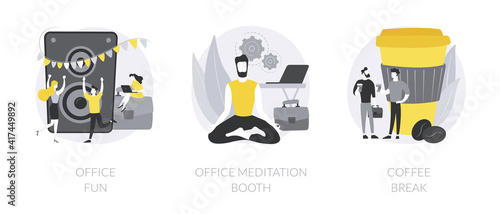 Stress management at work abstract concept vector illustration set. Office fun, meditation booth, coffee break, employee wellbeing, teambuilding activity, relax room, yoga break abstract metaphor.