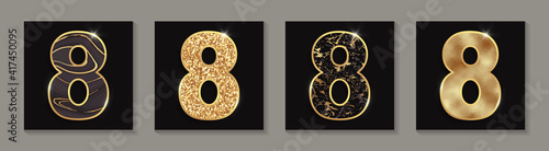 Set of golden shiny "8" numbers on a black background.