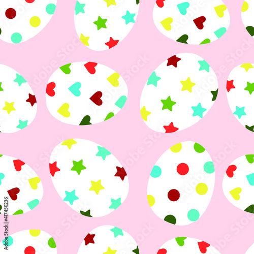 Festive seamless pattern with colored eggs in pink colors. For printing on fabrics, decorative pillows, kitchen textiles, paper. Vector graphics.