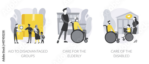 Help vulnerable people abstract concept vector illustration set. Aid to disadvantaged groups, care for elderly and disabled, volunteer help, retired people, nursing home, shelter abstract metaphor.