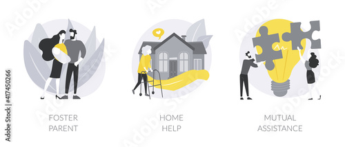 Social responsibility abstract concept vector illustration set. Foster parent, home help, mutual assistance, teamwork, care allowance, adoption of child, senior on wheelchair abstract metaphor.