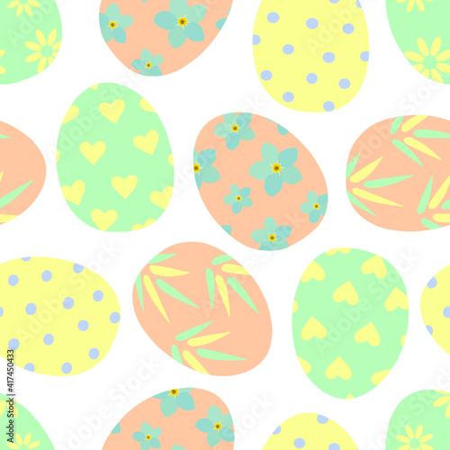 Festive seamless pattern with colored eggs in pastel colors. For printing on fabrics  decorative pillows  kitchen textiles  paper. Vector graphics.