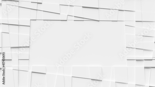 White, abstract, geometric background made of irregular squares with copy space in the middle. 3d rendering 