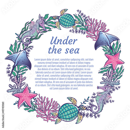 Sea Elements Composition. Border frame with space for text. Group of sea shells. Background with seashells. Watercolor composition. Illustration.