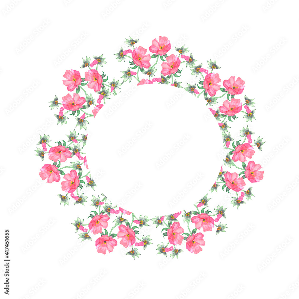 Watercolor hand painted nature circle frame with delicate rose flowers on branches wreath bouquet on white and black background for invitation