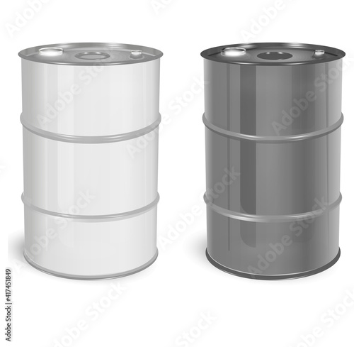 White black 200 l metal barrel. Container for liquid chemical products - oil, fuel, gasoline. Photo-realistic packaging vector mockup template with sample design. Vector 3d illustration.