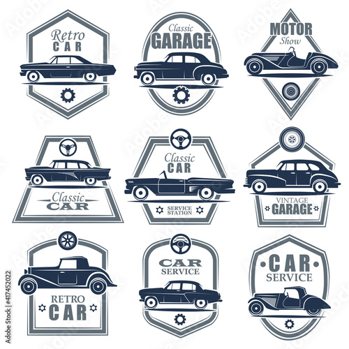 9 multicolored retro car emblems