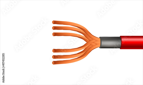 Twisted electric copper cable with red shield structure. 3d Rendering Vector realistic illustration isolated on white background.