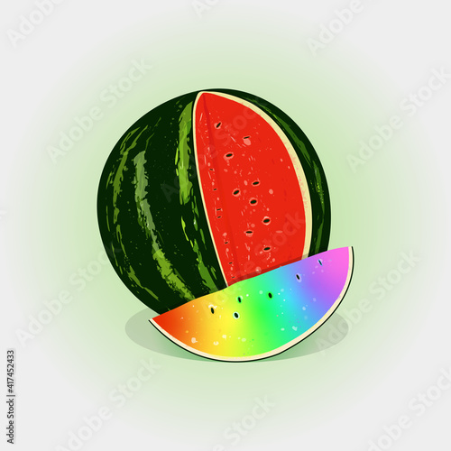 Rainbow watermelon slice near traditional green and red watermelon vector illustration 