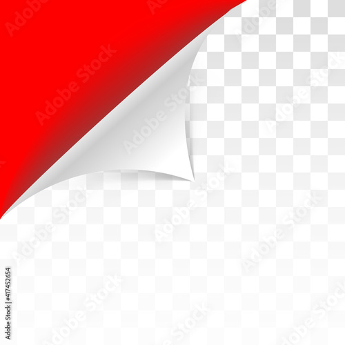 Page curl with shadow on blank sheet of paper. White paper sticker. Element for advertising and promotional message isolated on transparent background. Vector illustration for your design and business